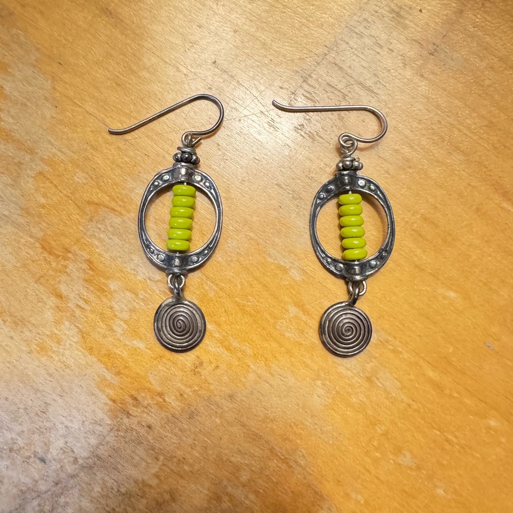 Silver and Green Beaded Earrings